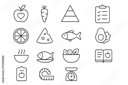 Food nutrition line icon set. Editable stroke vector symbols for healthy eating, diet plan, weight loss, meal prep, recipe book, food pyramid, fruit, vegetable, fish, avocado.