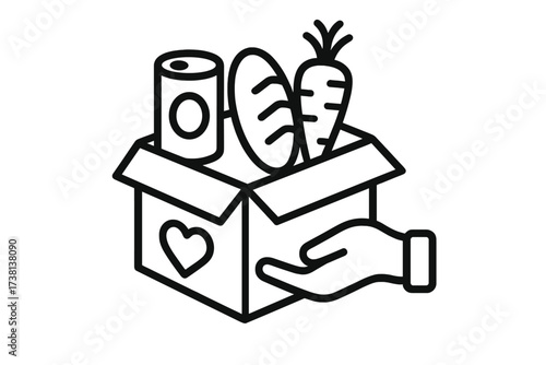 Food donation line icon. Charity concept. Box with groceries. Help, nutrition, community support, kindness, volunteering. Hand giving food. Humanitarian aid, social care, hunger.