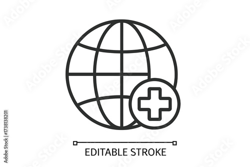 World health and medicine icon. Globe with plus symbol for global medical support, international aid, and worldwide healthcare access. Editable stroke vector thin line design.
