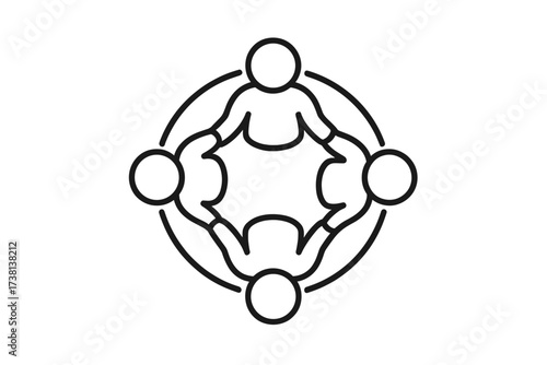 People in circle holding hands. Teamwork line icon. Concept of community, unity, collaboration, and partnership. Symbol for support, togetherness, social network, and inclusion.