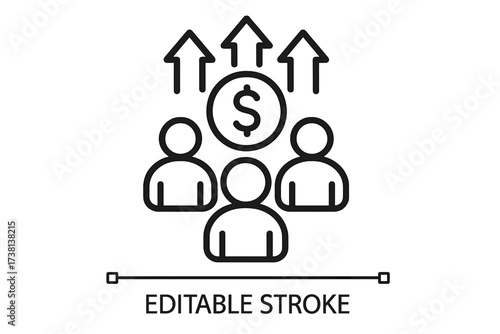 Crowdfunding and group fundraising concept. Community finance, teamwork, collective investment, and support icon. Vector thin line illustration of people, coin, and growth arrows.