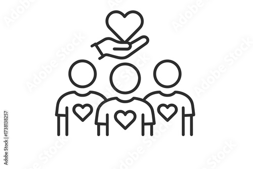 Group of people volunteering icon. Unity, community, teamwork, collaboration, donation, care. Vector line illustration for charity, social work, support, and help project.