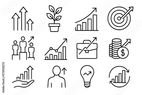 Growth and success icon set. Thin line vector illustrations. Business progress, career development, financial investment, personal improvement, and achieving goals concept.