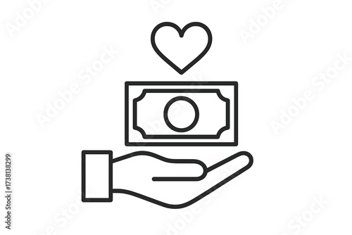Hand giving money with heart icon. Donation, charity, financial support, kindness, generosity concept. Vector line illustration of sponsorship, care, love, help, fundraising.