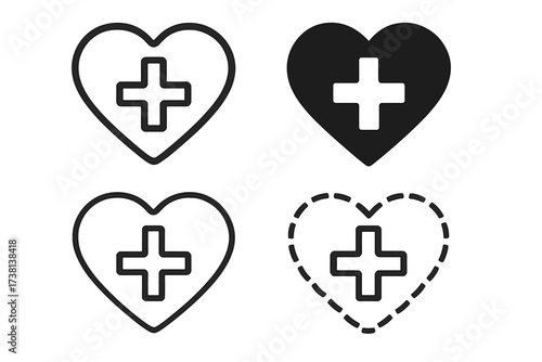 Medical cross in heart shape icon set. Health, care, and love symbol. Vector logo for medicine, pharmacy, hospital, and emergency services. First aid sign collection.