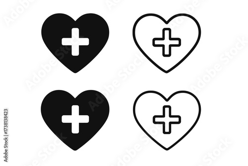 Heart with medical cross plus icon set. Health care and medicine symbol. Charity, donation and volunteering concept. First aid logo. Vector line and glyph style illustration.
