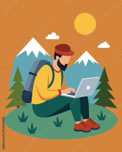 A hiker typing away on a rugged durable laptop that is powered by the sun while they explore the vast wilderness.. Vector illustration
