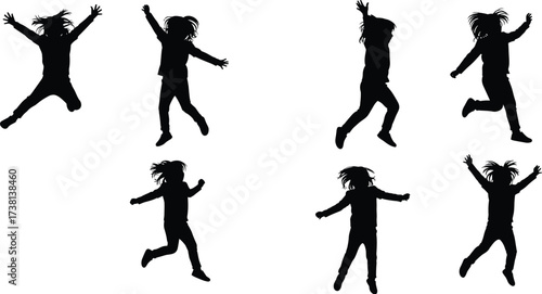 Jumping child silhouette vector set with playful kids in motion, energetic poses, happy childhood activity, dance movement, fun lifestyle illustration