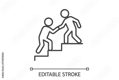 Helping hand concept. Person helping another climb stairs. Metaphor for support, assistance, guidance, mentorship, teamwork, partnership, and career growth. Thin line vector icon.