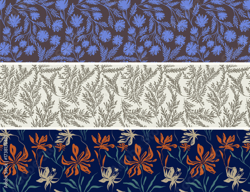 A set of stylish bright seamless floral patterns trendy autumn winter spring retro linear vector contrasting vintage ink for fabric design decorative elements on light dark backgrounds
