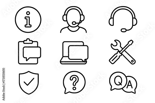 Customer support and service icon set. Thin line icons for help desk, call center, and online assistance. Vector symbols for tech support, data protection, and Q&A.