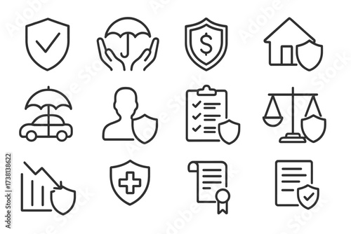 Insurance icon set. Risk protection and management concept. Thin line icons for financial security, property, health, car, home, and life insurance. Editable stroke.