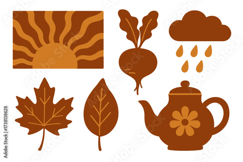 Retro 70s autumn vibes icon set. Groovy fall harvest elements. Sun, maple leaf, rainy cloud, beetroot, and teapot illustration. Vintage cozy weather graphic design elements.