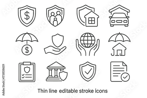 Insurance and risk protection icon set. Thin line icons for financial security, personal and property insurance, risk management, life, home, auto and legal coverage.