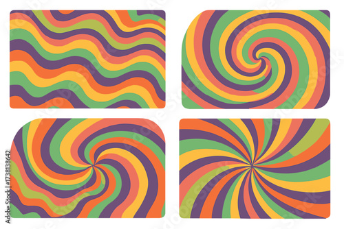 Set of four retro groovy psychedelic backgrounds. Abstract wavy and spiral patterns in 70s vintage style. Colorful hypnotic vector illustration for hippie posters or covers.