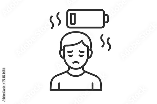 Burnout and mental fatigue concept. Icon of emotional exhaustion, chronic tiredness, and stress. Drained person with low battery metaphor for depression and mental health problems.