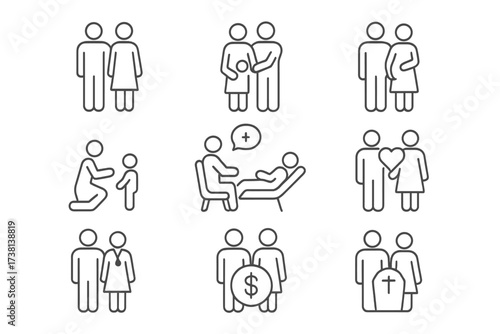 Family life cycle icon set. Editable stroke vector thin line icons. Relationship stages, couple, love, pregnancy, parenting, child, therapy, finance, medical, funeral.