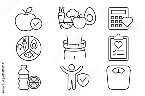 Nutrition and diet icon set. Healthy eating, wellness, and weight management outline icons. Vector illustrations for fitness, calorie counting, and healthy lifestyle concepts.