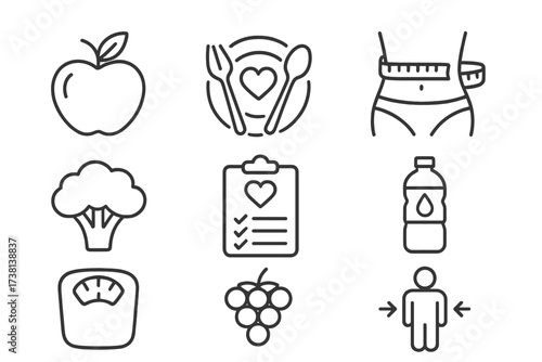 Nutrition and diet line icon set for healthy eating and wellness. Vector icons for weight management, weight loss, fitness, diet plan, fruit, vegetable, and water. Editable stroke.