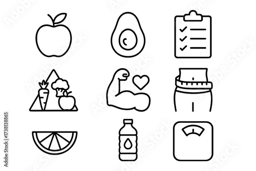 Nutrition and diet line icon set. Healthy eating, wellness, and weight management concepts. Vector icons for fitness, food, fruit, hydration, and weight loss goals.
