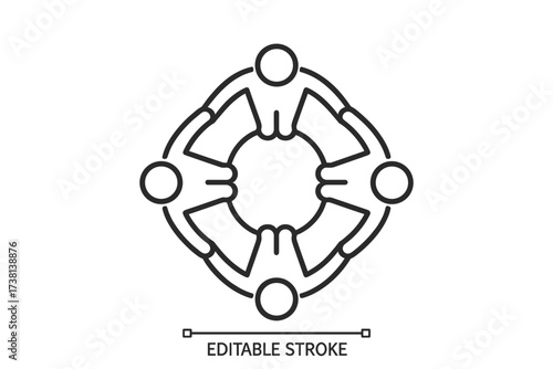 People in a circle holding hands icon. Teamwork, cooperation, community bond. Symbol of unity, support, friendship, and social connection. Editable stroke vector illustration.