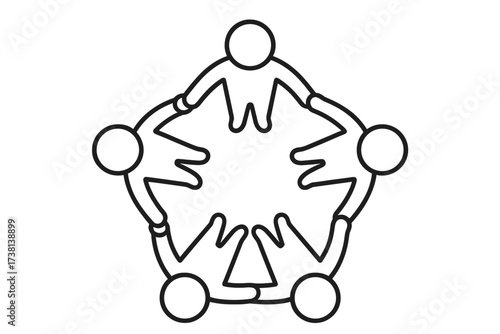 Teamwork, cooperation, community concept icon. People in a circle holding hands. Unity, partnership, friendship and support symbol. Social group logo. Vector line illustration.