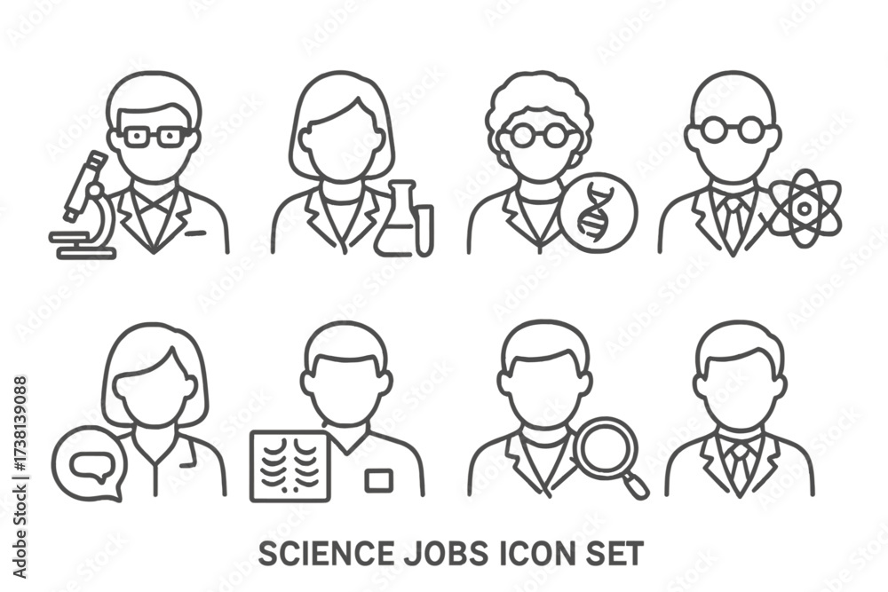 Fototapeta premium Science jobs icon set. Thin line editable stroke icons for research, laboratory, biology, chemistry, physics, genetics. Scientist, researcher, professor vector character avatars.
