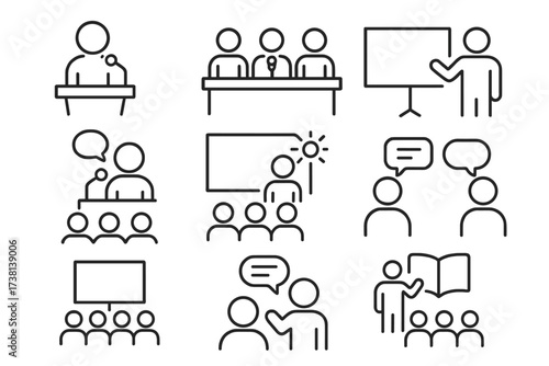 Presentation icon set. Thin line icons for public speaking, conference, and business training. Editable stroke vector symbols for speaker, keynote, panel discussion and seminar.