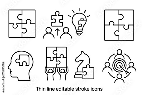 Puzzle and teamwork thin line icon set. Vector icons for collaboration, problem solving, innovation, business strategy. Metaphor for shared goals, partnership, integration.