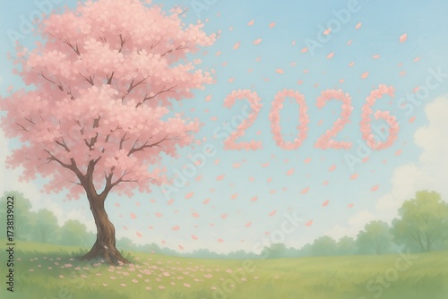 Delicate cherry blossom petals falling through the air and forming the number 2026. A fresh, elegant, and seasonal concept for New Year 2026, perfect for greeting cards, posters, and marketing visuals