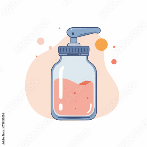 Glass jar with pump dispenser containing liquid on colorful background  