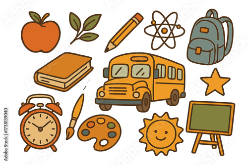 Back to school retro sticker pack. Hand-drawn cartoon doodle icons. Vintage education element set with bus, backpack, book, apple, pencil, clock, art palette, science atom.