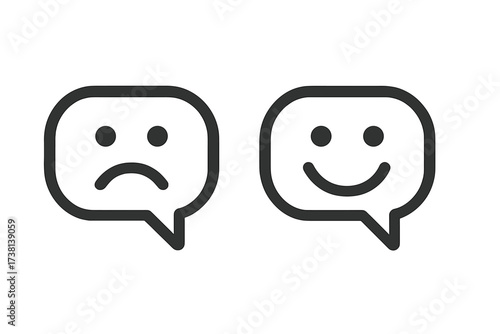 Sad and happy face speech bubbles icons. Feedback concept with smiling and sad emojis. Positive and negative customer review, rating, satisfaction. Vector graphic symbols.