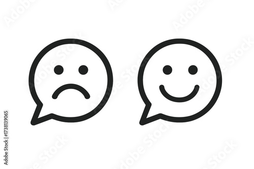 Feedback speech bubble icons with happy and sad face. Customer satisfaction rating. Positive and negative review symbol. Survey emotion concept. Test opinion poll results.