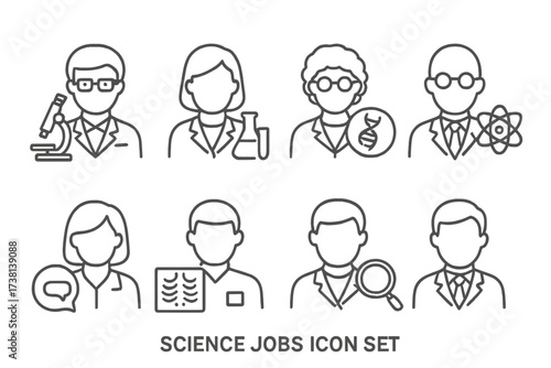 Science jobs icon set. Thin line editable stroke icons for research, laboratory, biology, chemistry, physics, genetics. Scientist, researcher, professor vector character avatars.
