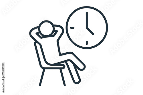 Time management icon of a person taking a break. Man relaxing in a chair on a coffee break. Procrastination or calm, stress-free routine. Vector line art of a chill work schedule.
