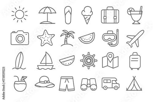 Summer vacation and travel icon set. Thin line beach and holiday symbols. Tropical summertime activity outline icons. Editable stroke. Camping and tourism pictograms.