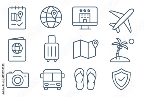 Travel and tourism icon set. Thin line editable stroke icons for trip planning, vacation, hotel booking, transportation, airplane, passport, luggage, map, summer holiday, beach, camera.