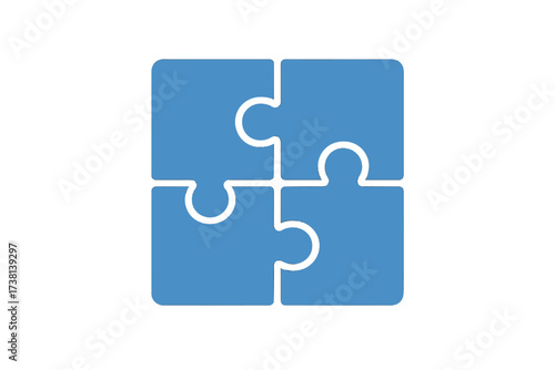 Flat blue puzzle icon vector depicting four interlocking pieces, symbolizing strategy, teamwork, collaboration, problem solving, business solutions, startup growth, games, and toy concepts.