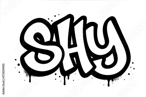 Urban graffiti style word shy in bold black spray paint, street art typography vector illustration, cartoon lettering isolated on transparent background, modern mural text concept