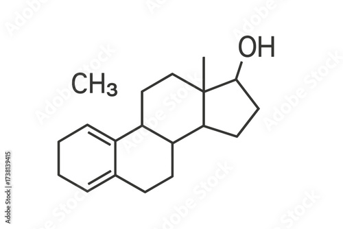 Thin line vector illustration of testosterone molecular structure, chemical compound formula diagram for science, medicine, education, biology, endocrinology, hormone analysis, transparent background