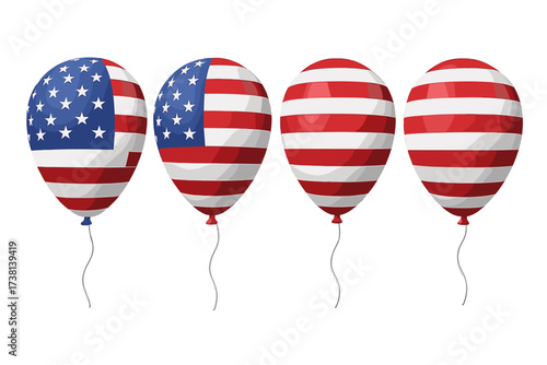 USA flag balloons for Independence Day. 3D render American patriotic helium balloon set. National holiday celebration design element. American pride symbol isolated collection.