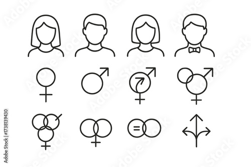 Gender diversity thin line icon set, male female face avatars, sexual orientation and identity symbols, equality, LGBT pride, relationships, inclusivity, vector graphic, social issues, concepts