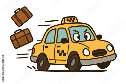 Funny taxi character driving fast, losing luggage. Cartoon car in a hurry. Vector for transportation service, rush hour, travel concept. Cute yellow cab mascot with angry face.