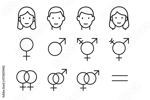 Gender identity and sexual orientation icons set. Thin line vector avatars showing woman, man, transgender, non-binary, and LGBTQ symbols. Equality sign, diverse genders, pride concept illustration.