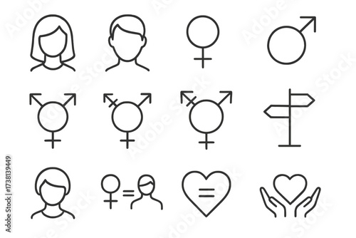 Thin Line Vector Icon Set of Gender, Sexual Orientation, Identity Symbols. Male Female Avatar Faces, Gender Equality, Transgender Sign, LGBT Diversity, Relationship and Human Rights Concept.