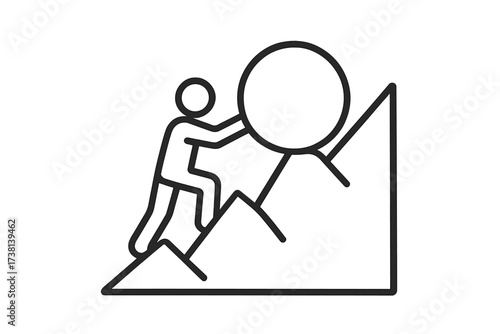 Determination strength willpower metaphor stick figure pushes large rock uphill mountain vector line icon persistence challenge hardship motivation minimalist isolated illustration