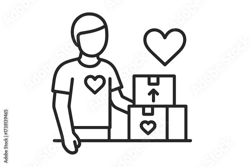 Volunteer Donating Boxes Line Icon. Charity, Community Service, Humanitarian Aid, Altruism, Helping Hand, Charity Worker, Donation Package, Nonprofit Organization, Editable Thin Vector Illustration