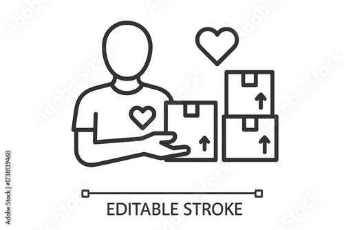 Charity volunteer donating boxes icon. Thin line vector illustration. Community help, altruism, nonprofit aid, charity support, volunteer giving, humanitarian donation concept. Editable stroke design.