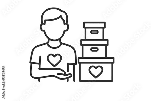 Charity donation volunteer giving boxes symbol. Community help, altruism, humanitarian support. Thin line vector illustration showing a person with heart, donating boxes for social aid and relief work